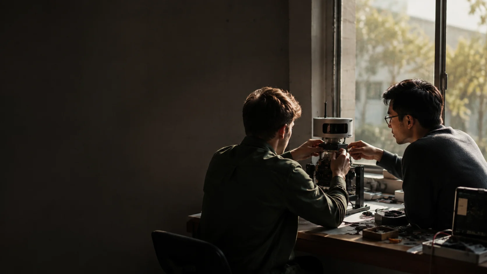 Illustrative engineers collaborating on a sensor prototype in a sunlit workspace