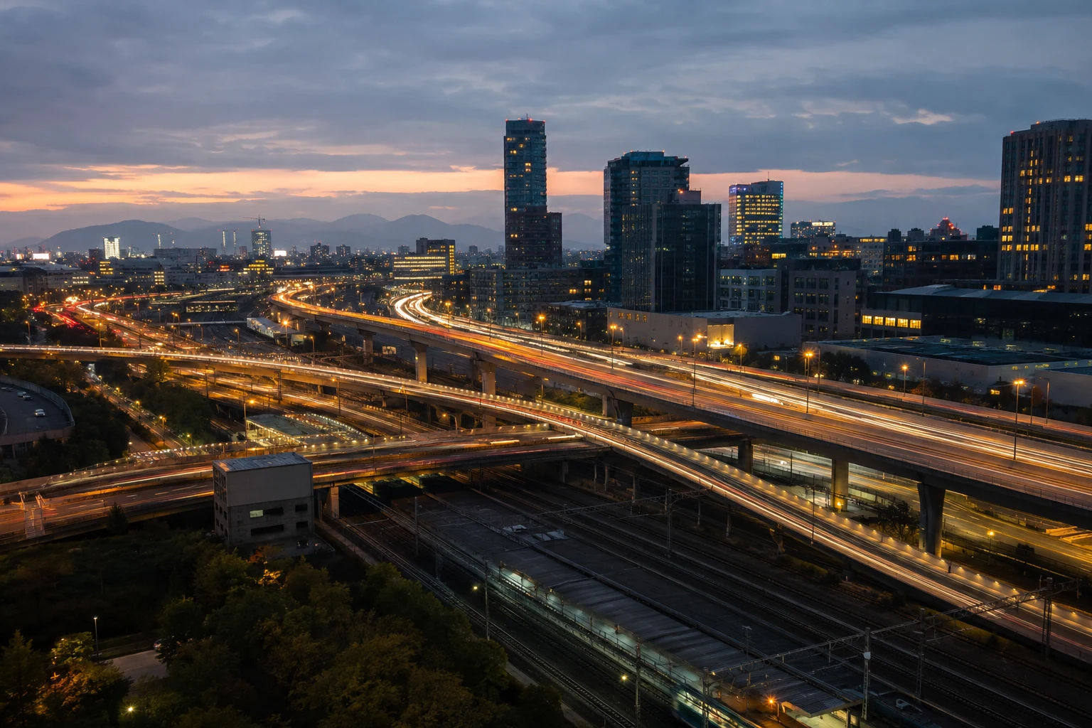 Illustrative city transport infrastructure at dusk