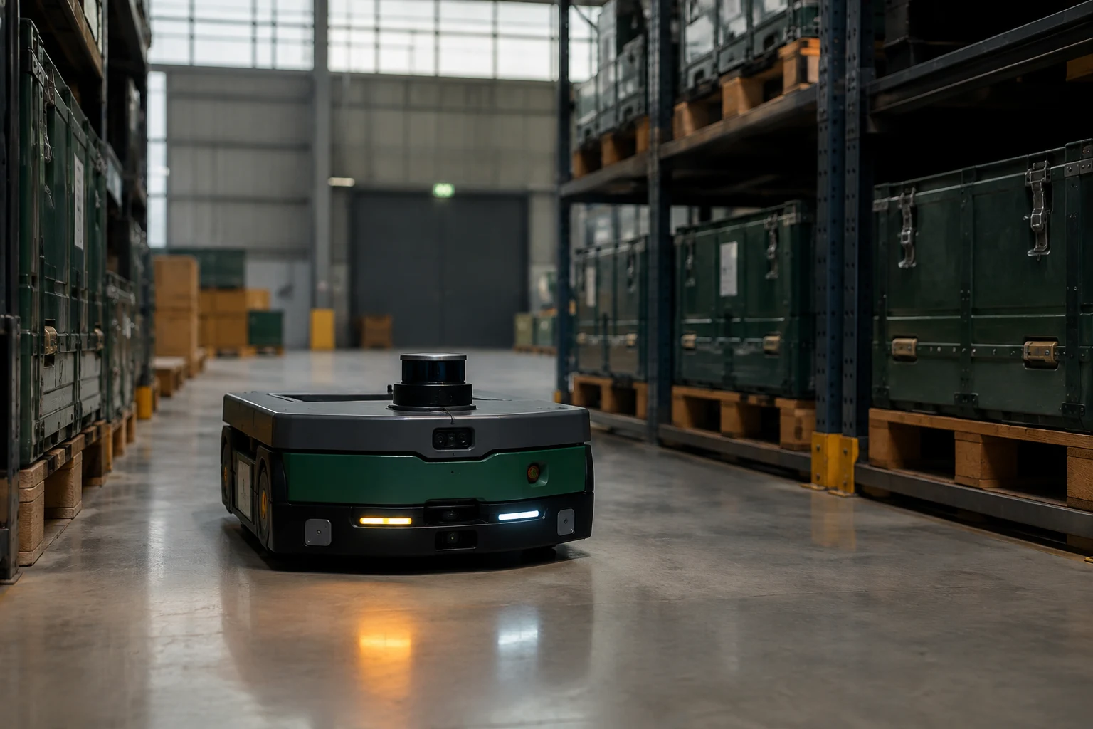 Illustrative autonomous robot in an industrial aisle