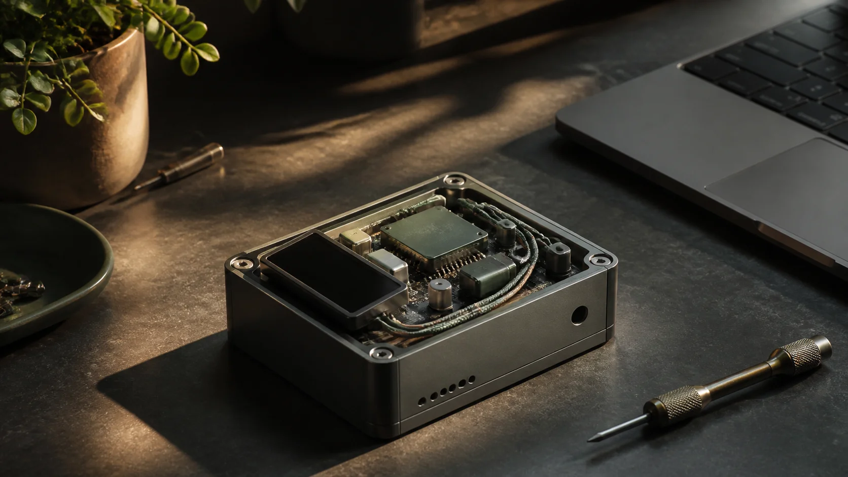 Illustrative electronic prototype on a sunlit studio workbench