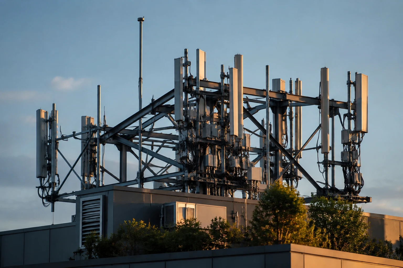Illustrative telecommunications antenna arrays on an urban rooftop