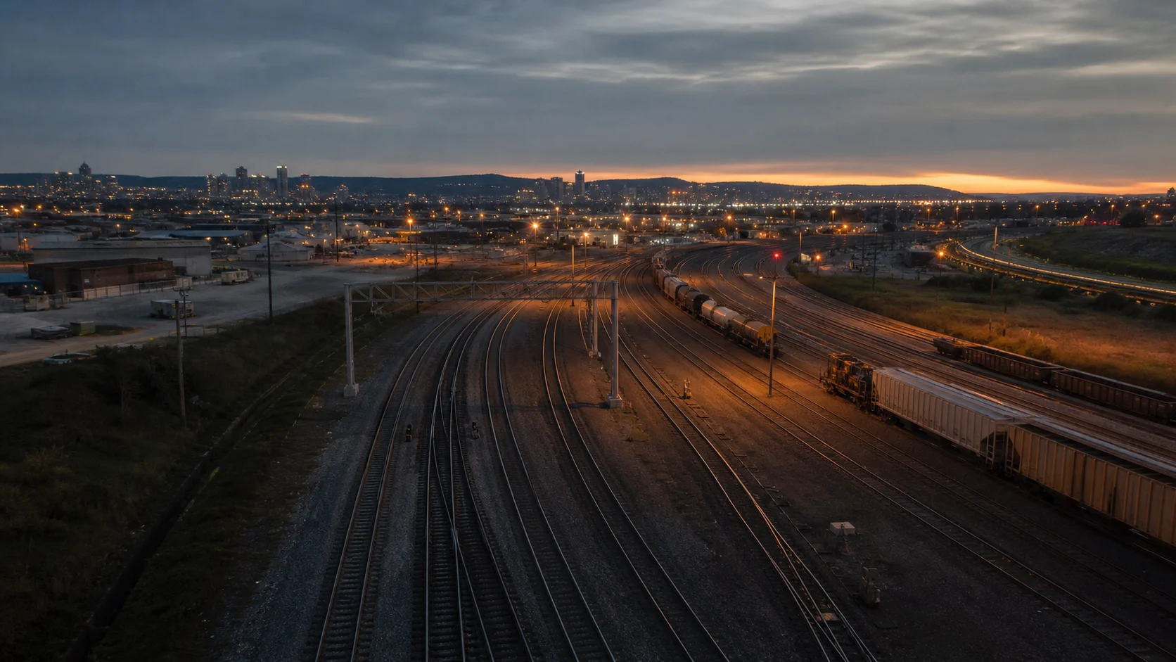 Illustrative freight interchange at blue hour